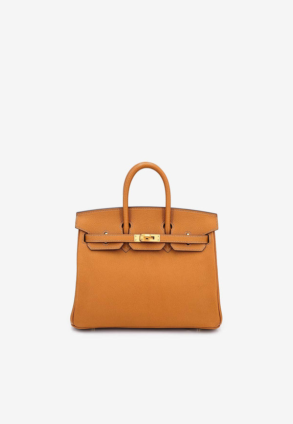 Birkin 25 Verso in Caramel and Jaune Ambre Chevre Leather with Brushed Gold Hardware