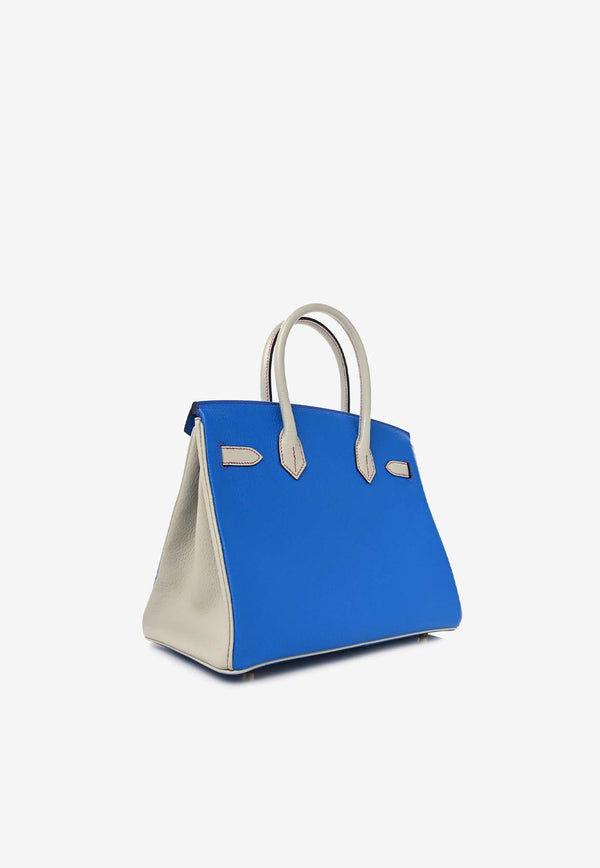 Hermès Birkin 30 in Bleu Hydra and Gris Perle Chevre Mysore Horseshoe with Brushed Gold Hardware