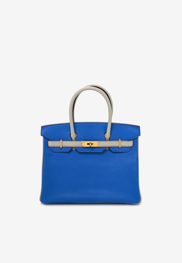 Hermès Birkin 30 in Bleu Hydra and Gris Perle Chevre Mysore Horseshoe with Brushed Gold Hardware