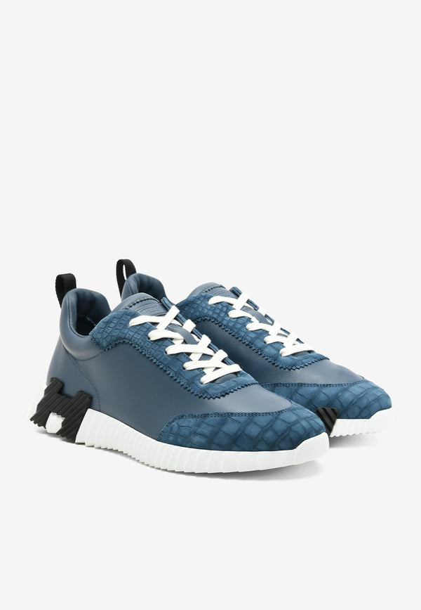 Bouncing Low-Top Sneakers in Bleu Turquin Calfskin and Suede Alligator