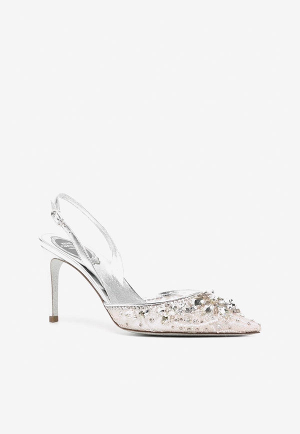 Rene Caovilla 80 Crystal-Embellished Pointed Pumps C11729-080-PI01V118 SILVER LACE-LAMB/CRYS STONES