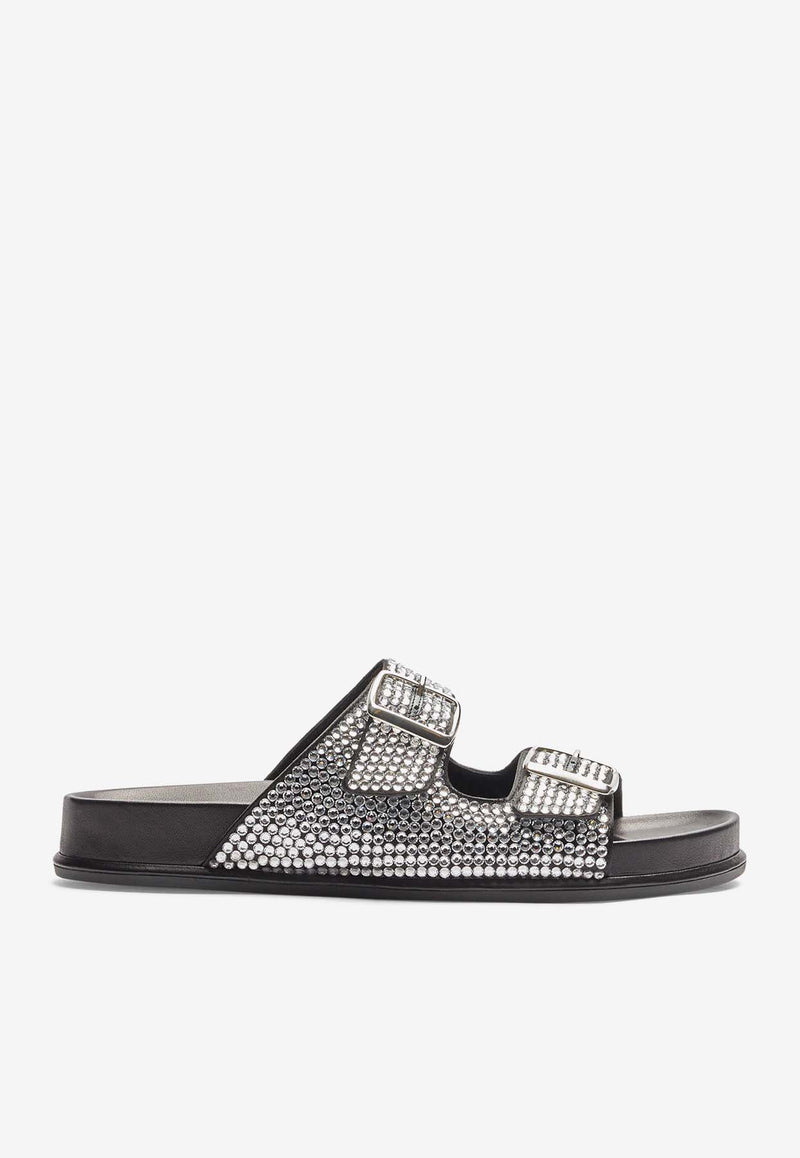 Rene Caovilla Emma Studded Satin Flat Slides Black C12199-020-R001V065 BLACK SATIN/CRYSTAL STRASS