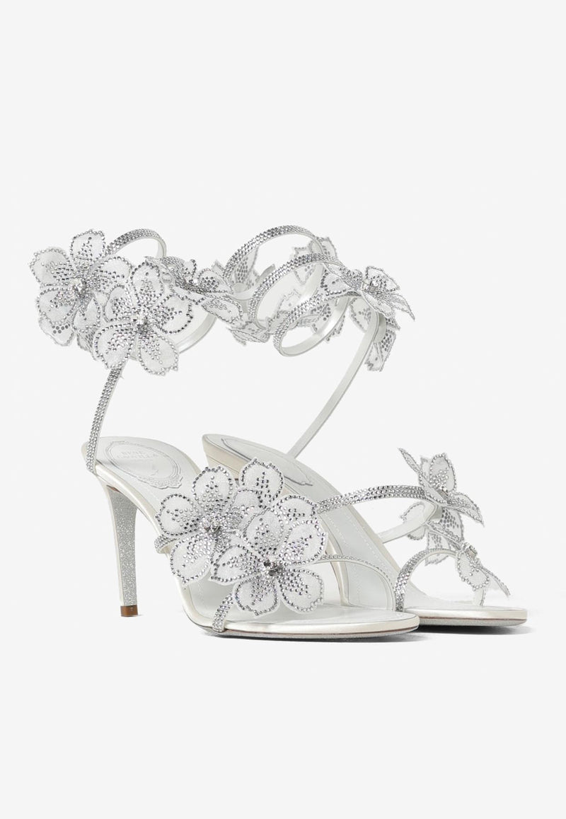 Rene Caovilla Flower 80 Leather Sandals C12476-080-R001V155 IVORY SATIN/CRYSTAL STRASS