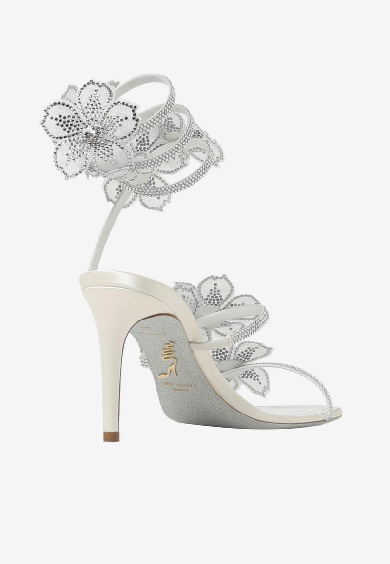 Rene Caovilla Flower 80 Leather Sandals C12476-080-R001V155 IVORY SATIN/CRYSTAL STRASS