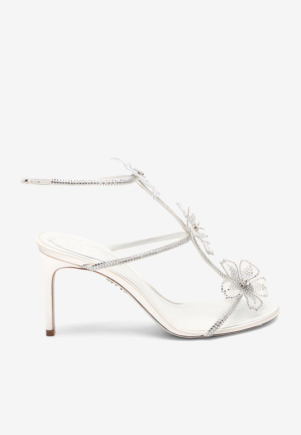 Rene Caovilla Peach Flower 80 Rhinestone-Embellished Sandals C12497-080-R001V155 IVORY SATIN-LAMB/CRYSTAL STRA