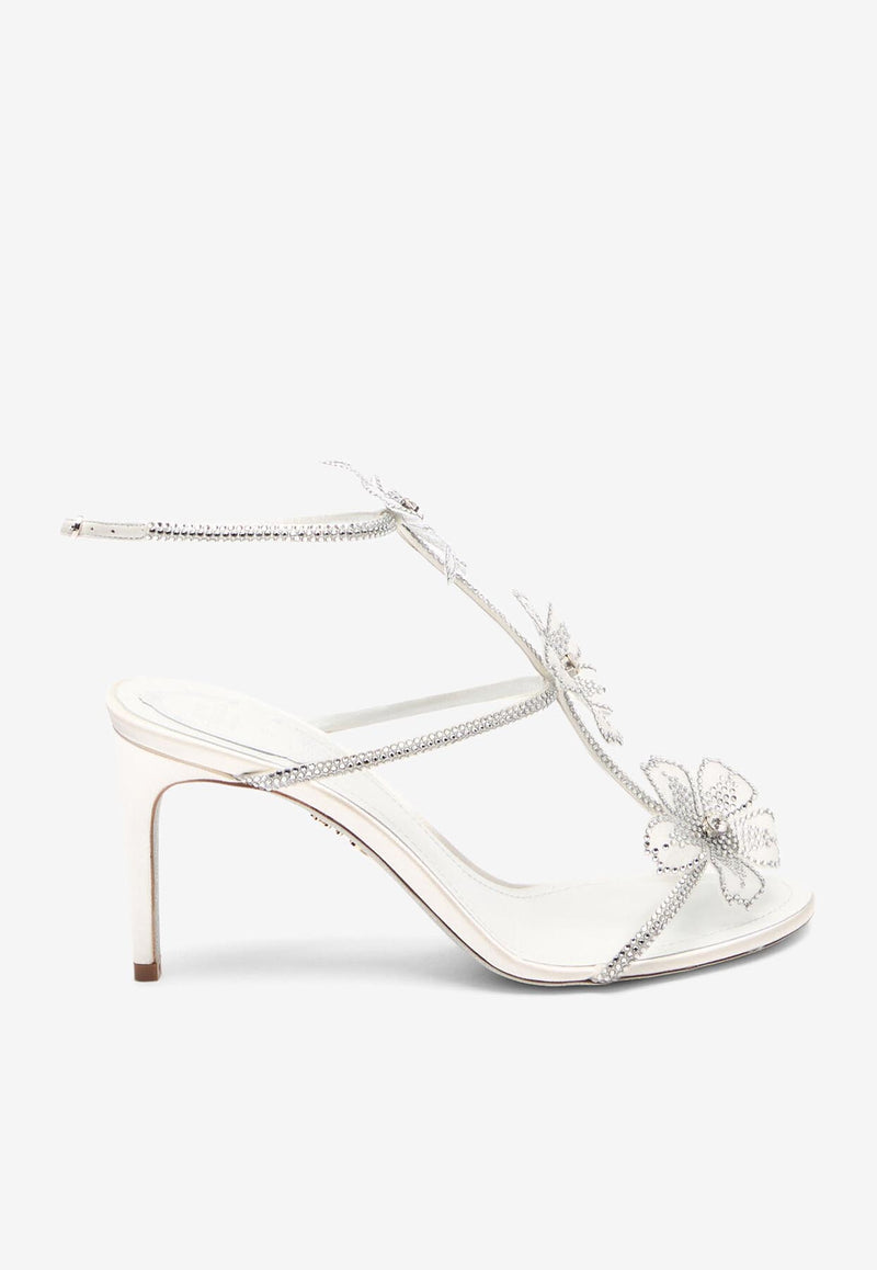 Rene Caovilla Peach Flower 80 Rhinestone-Embellished Sandals C12497-080-R001V155 IVORY SATIN-LAMB/CRYSTAL STRA