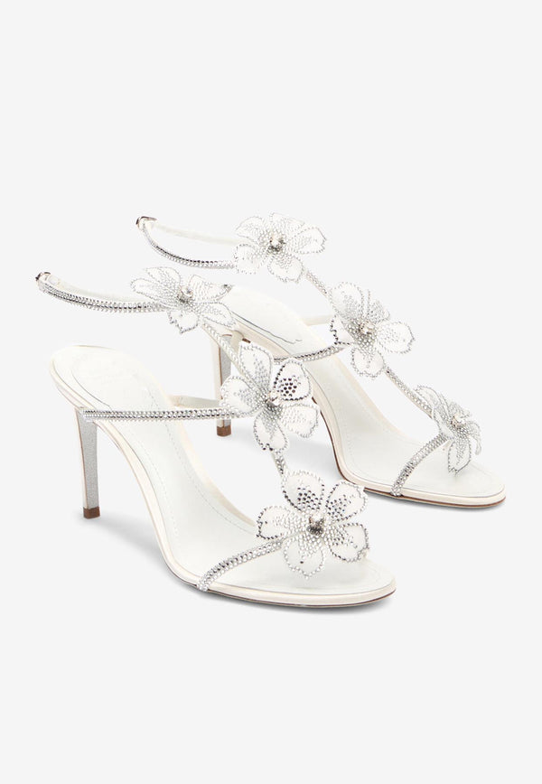 Rene Caovilla Peach Flower 80 Rhinestone-Embellished Sandals C12497-080-R001V155 IVORY SATIN-LAMB/CRYSTAL STRA