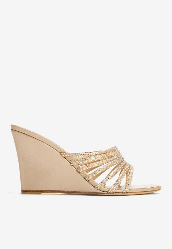 Rene Caovilla Full Trim 80 Crystal-Embellished Wedge Mules C12499-080-R001V104 BEIGE SATIN/GOLDEN SHADOW
