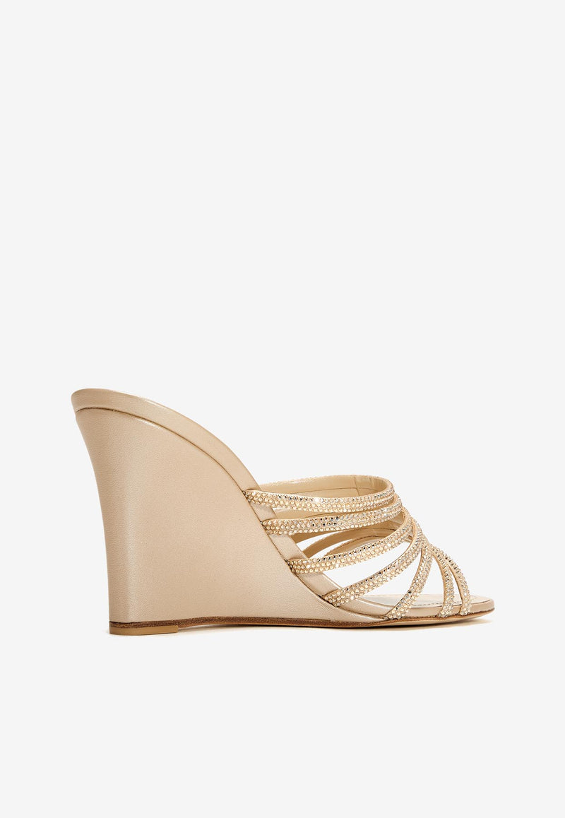 Rene Caovilla Full Trim 80 Crystal-Embellished Wedge Mules C12499-080-R001V104 BEIGE SATIN/GOLDEN SHADOW