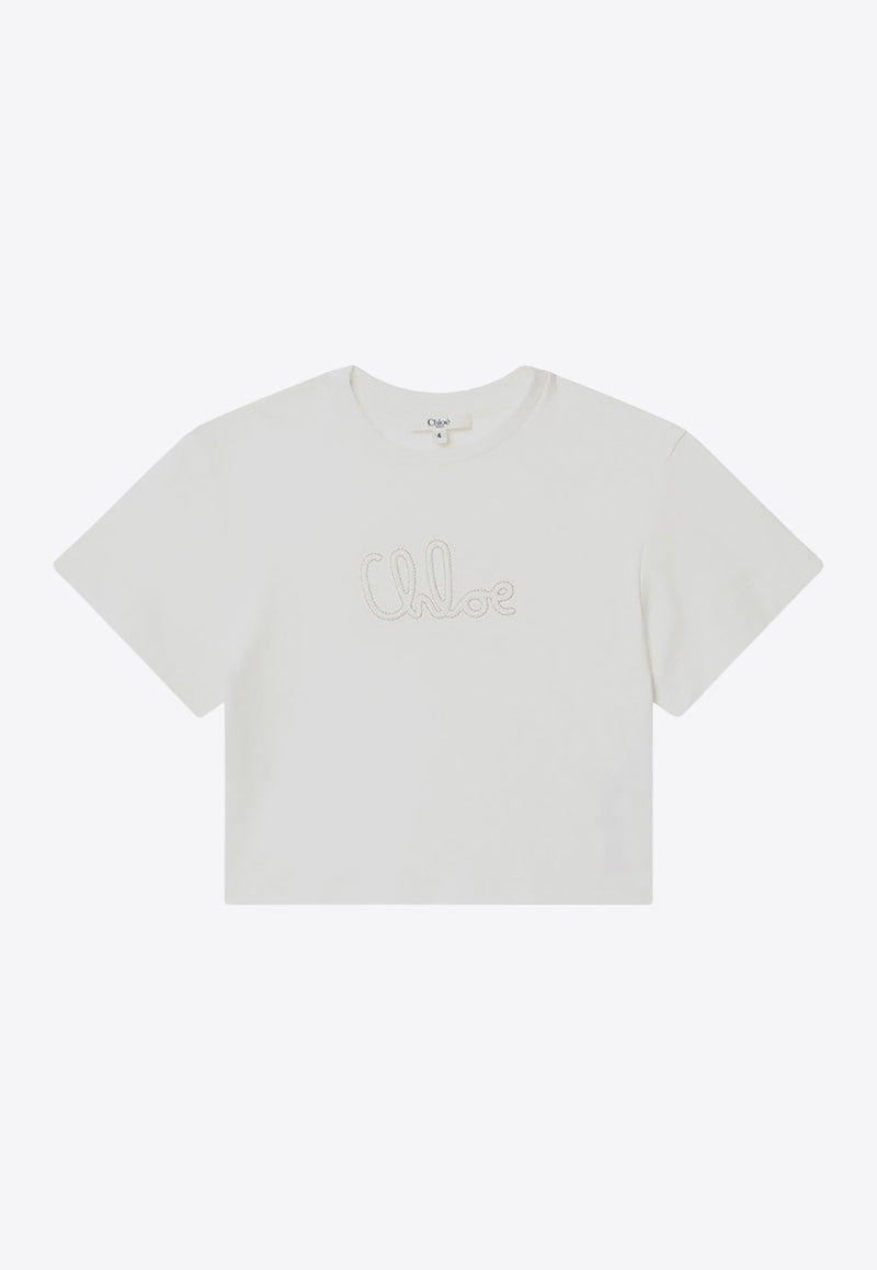 Chloé Kids Girls Embroidered Logo Cropped T-shirt White C20655-BCO/R_CHLOE-117