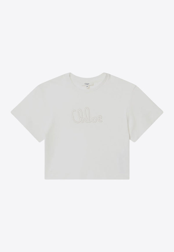 Chloé Kids Girls Embroidered Logo Cropped T-shirt White C20655CO/R_CHLOE-117