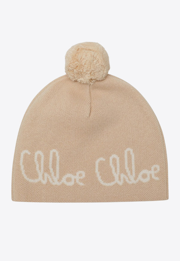 Chloé Kids Girls Logo Intarsia Pompom Beanie Beige C20675CO/R_CHLOE-257