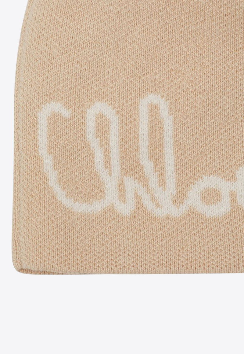 Chloé Kids Girls Logo Intarsia Pompom Beanie Beige C20675CO/R_CHLOE-257