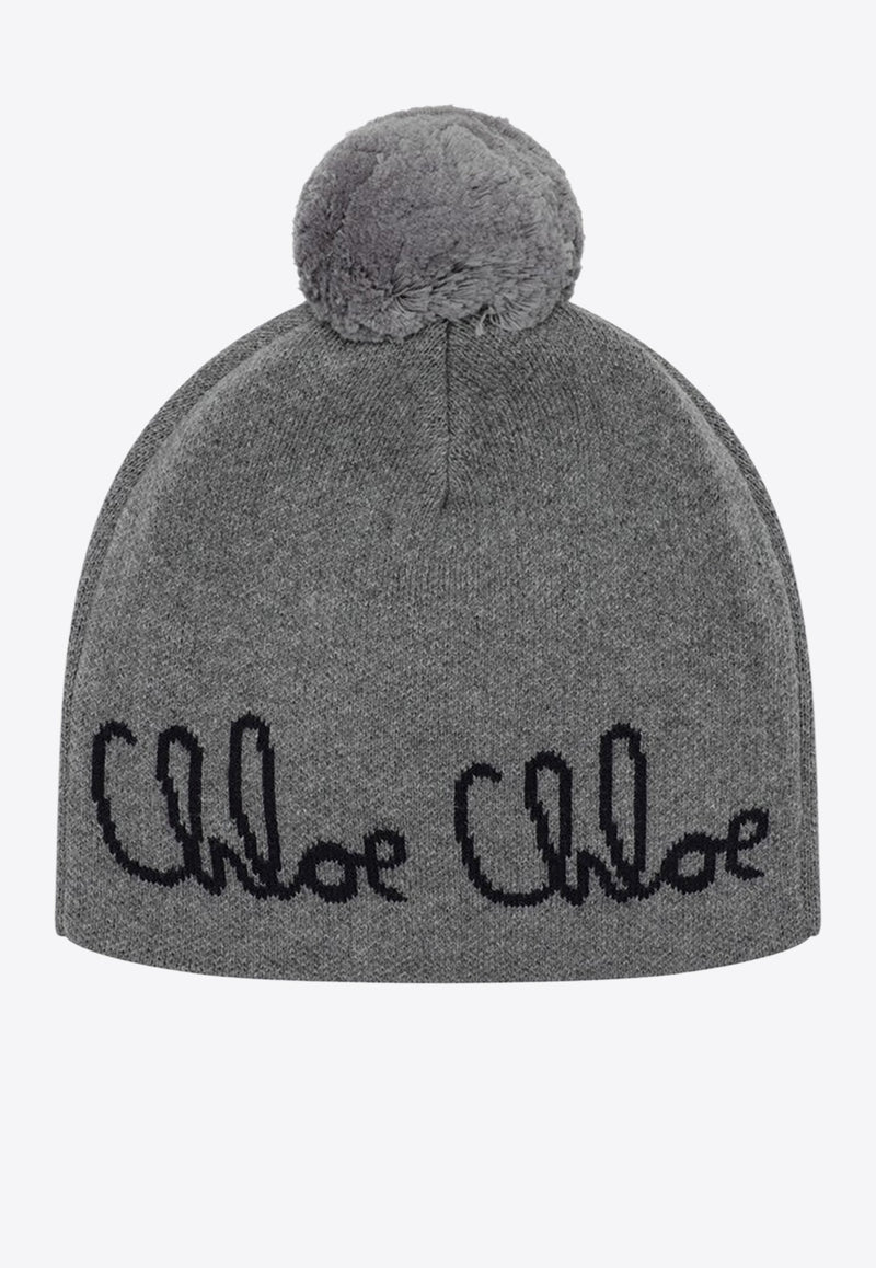 Chloé Kids Girls Logo Intarsia Pompom Beanie Gray C20675CO/R_CHLOE-A46