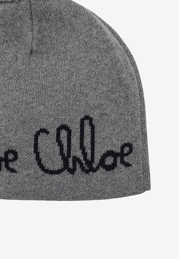 Chloé Kids Girls Logo Intarsia Pompom Beanie Gray C20675CO/R_CHLOE-A46