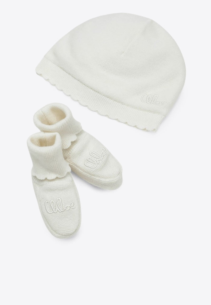 Chloé Kids Babies Logo Embroidered Beanie and Booties Gift Set - Set of 2 White C20768CO/R_CHLOE-117