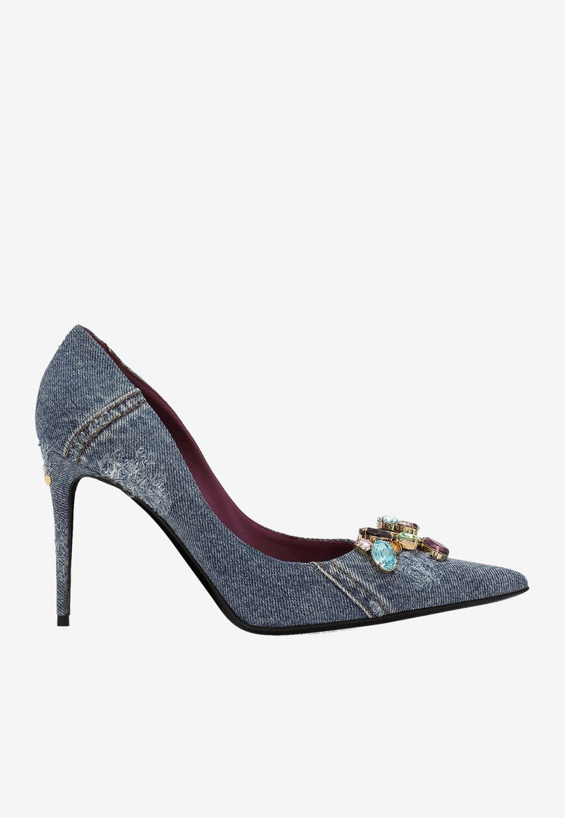 Dolce & Gabbana 90 Crystal-Embellished Patchwork Denim Pumps CD1837 AR142 8C609 Denim