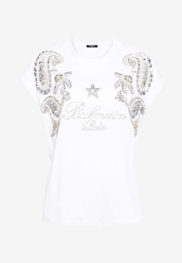 Balmain Crystal Embellished Logo T-shirt White CF1EG081PC21WHITE