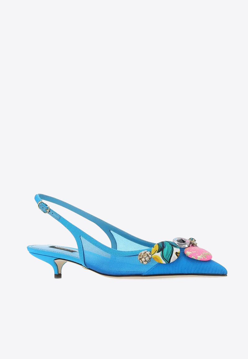 Dolce & Gabbana 30 Bejeweled Buttons Slingback Pumps Blue CG0485 AO643 8G683