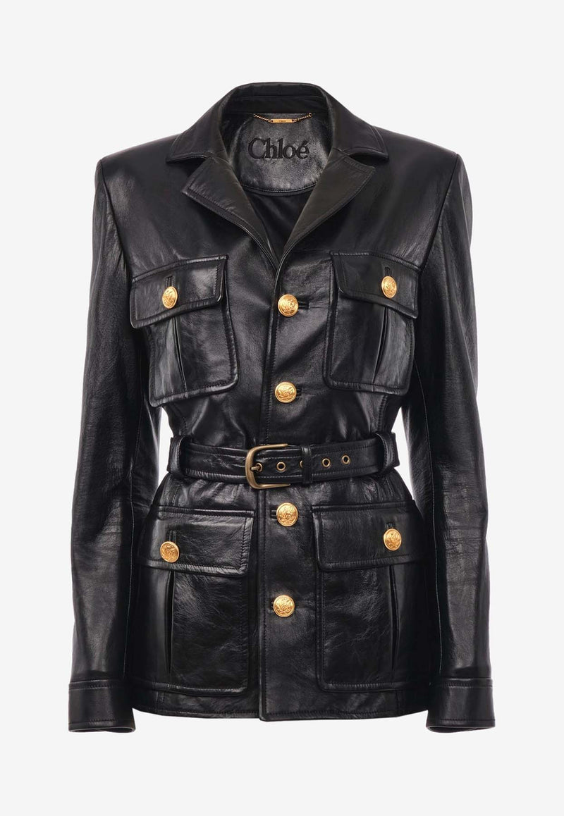 Chloé Utilitarian Belted Leather Jacket Black CH24ACV51213001 Black