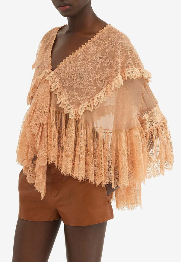 Chloé V-neck Silk Lace Top Beige CH24AHT6348026W Cheek