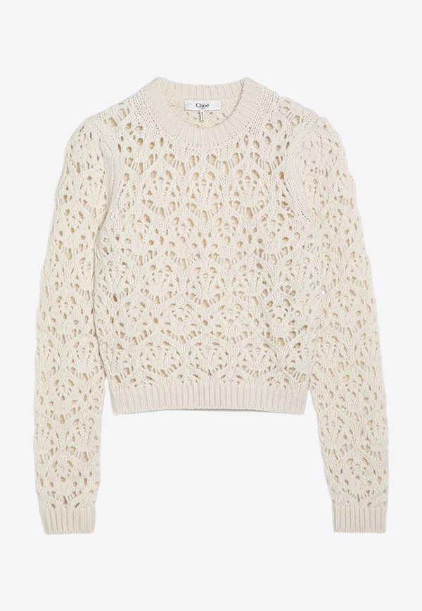 Chloé Perforated Wool Crewneck Sweater Ivory CH24WMP12640/P_CHLOE-107