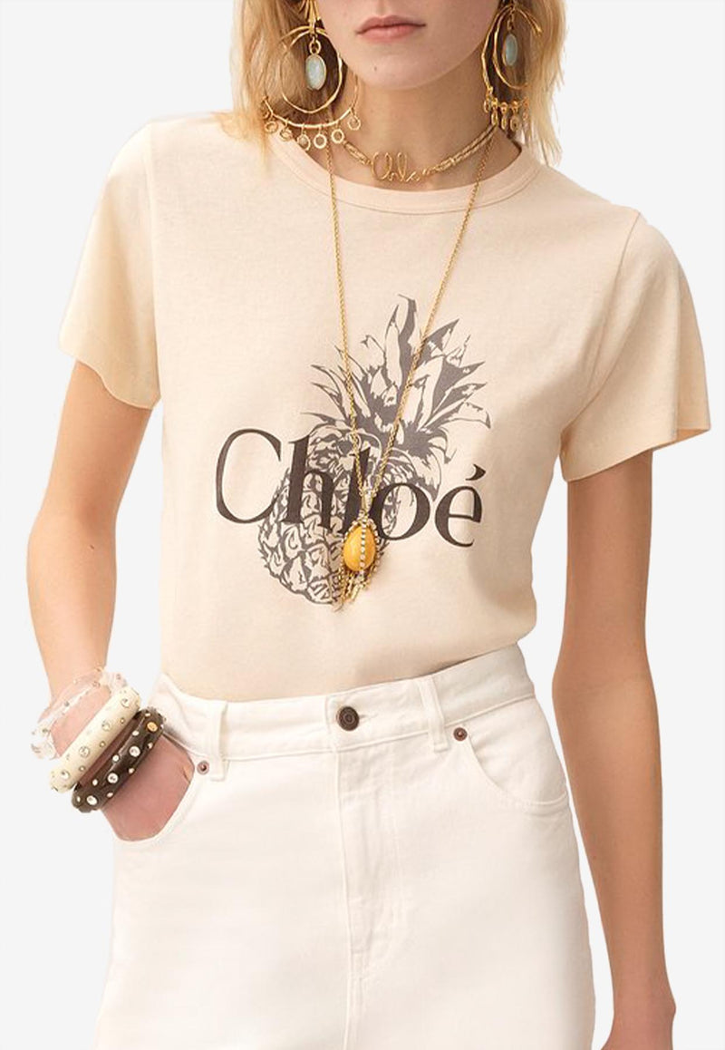 Chloé Pineapple and Logo Print T-shirt Pink CH25AJH111706H1