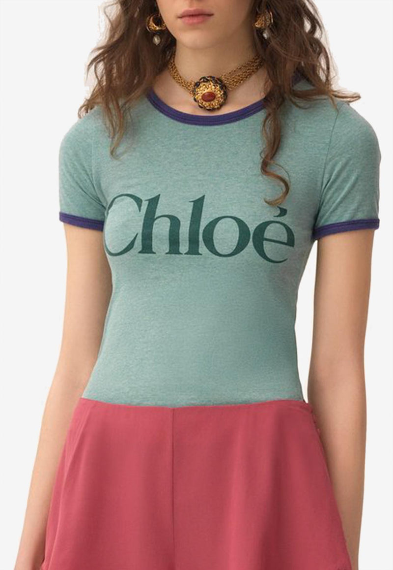 Chloé Logo Print Short-Sleeved T-shirt Green CH25AJH2417397X