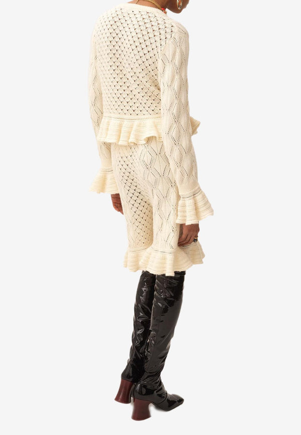 Chloé Pointelle Knit Ruffled Cropped Cardigan White CH25AMC01590107
