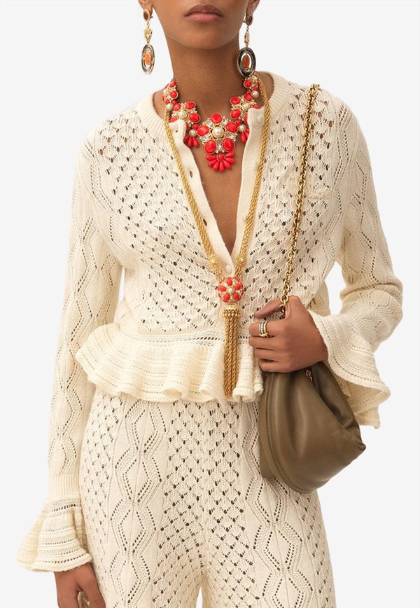 Chloé Pointelle Knit Ruffled Cropped Cardigan White CH25AMC01590107