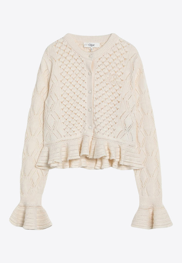Chloé Crochet Knit Ruffled Cardigan Cream CH25AMC01590/R_CHLOE-107