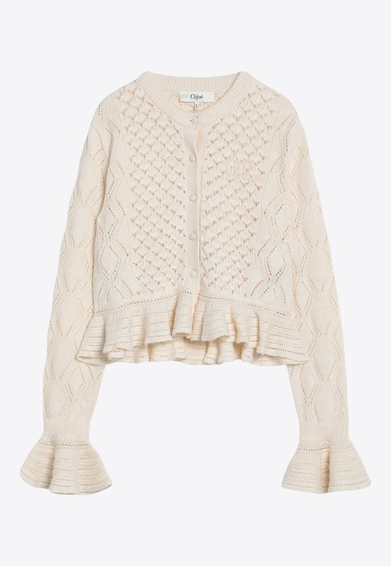 Chloé Crochet Knit Ruffled Cardigan Cream CH25AMC01590/R_CHLOE-107