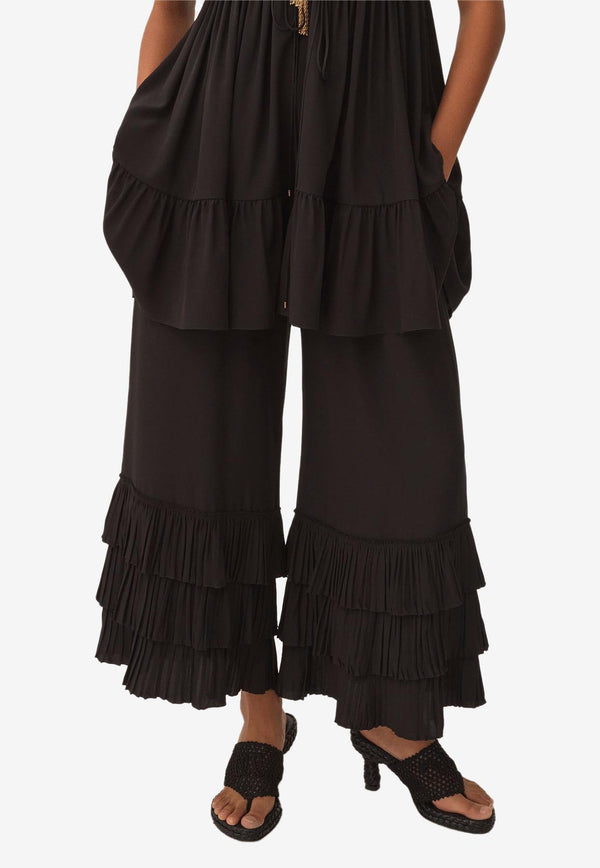 Chloé Ruffled Wide-Leg Silk Pants Black CH25APA02077001