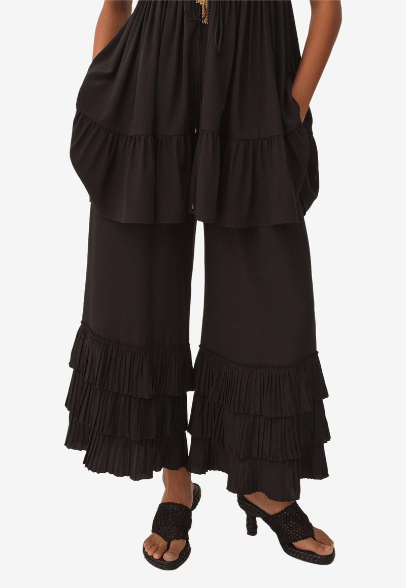 Chloé Ruffled Wide-Leg Silk Pants Black CH25APA02077001
