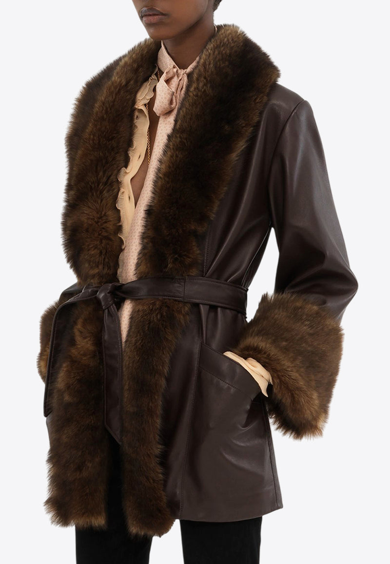 Chloé Shearling-Trimmed Oversized Leather Coat Brown CH25SCM1020422U Faraway Brown