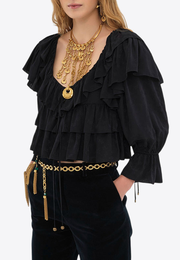 Chloé Floral Jacquard Ruffled Cropped Top Black CH25SHT16330001 Black