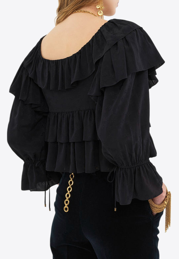 Chloé Floral Jacquard Ruffled Cropped Top Black CH25SHT16330001 Black