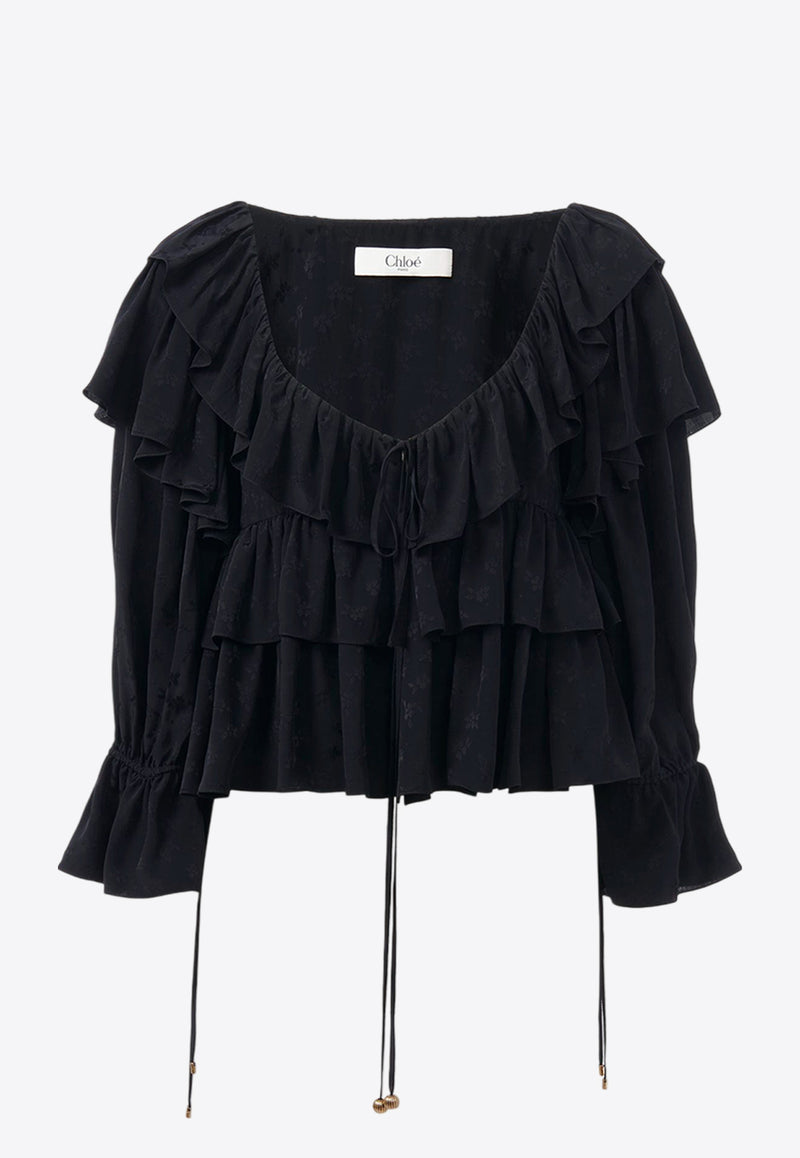 Chloé Floral Jacquard Ruffled Cropped Top Black CH25SHT16330001 Black