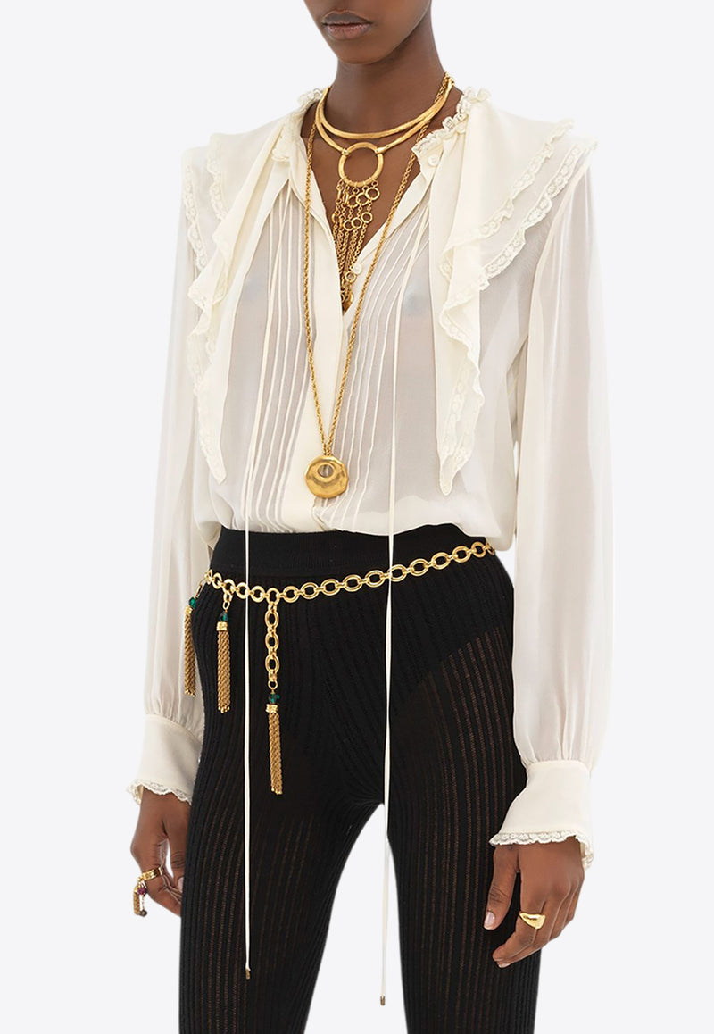Chloé Ruffled Yoke Silk Georgette Blouse White CH25SHT24335115 Dusty White