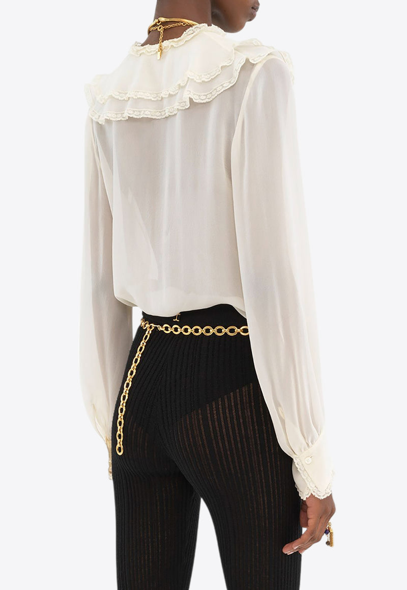 Chloé Ruffled Yoke Silk Georgette Blouse White CH25SHT24335115 Dusty White