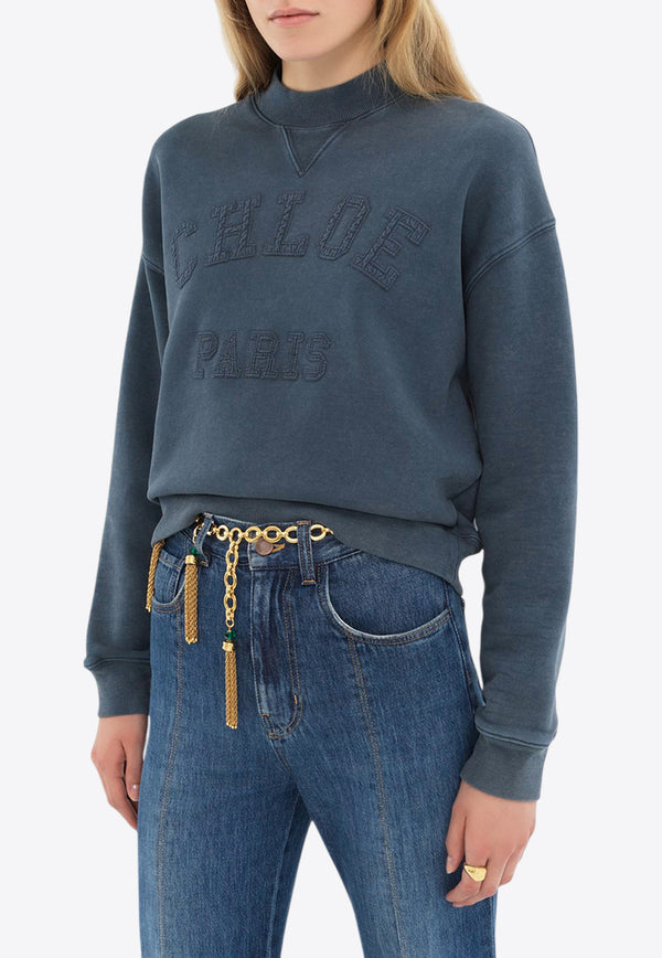 Chloé Textured Logo Cotton Fleece Sweatshirt Blue CH25SJH0519341G Tornado Blue
