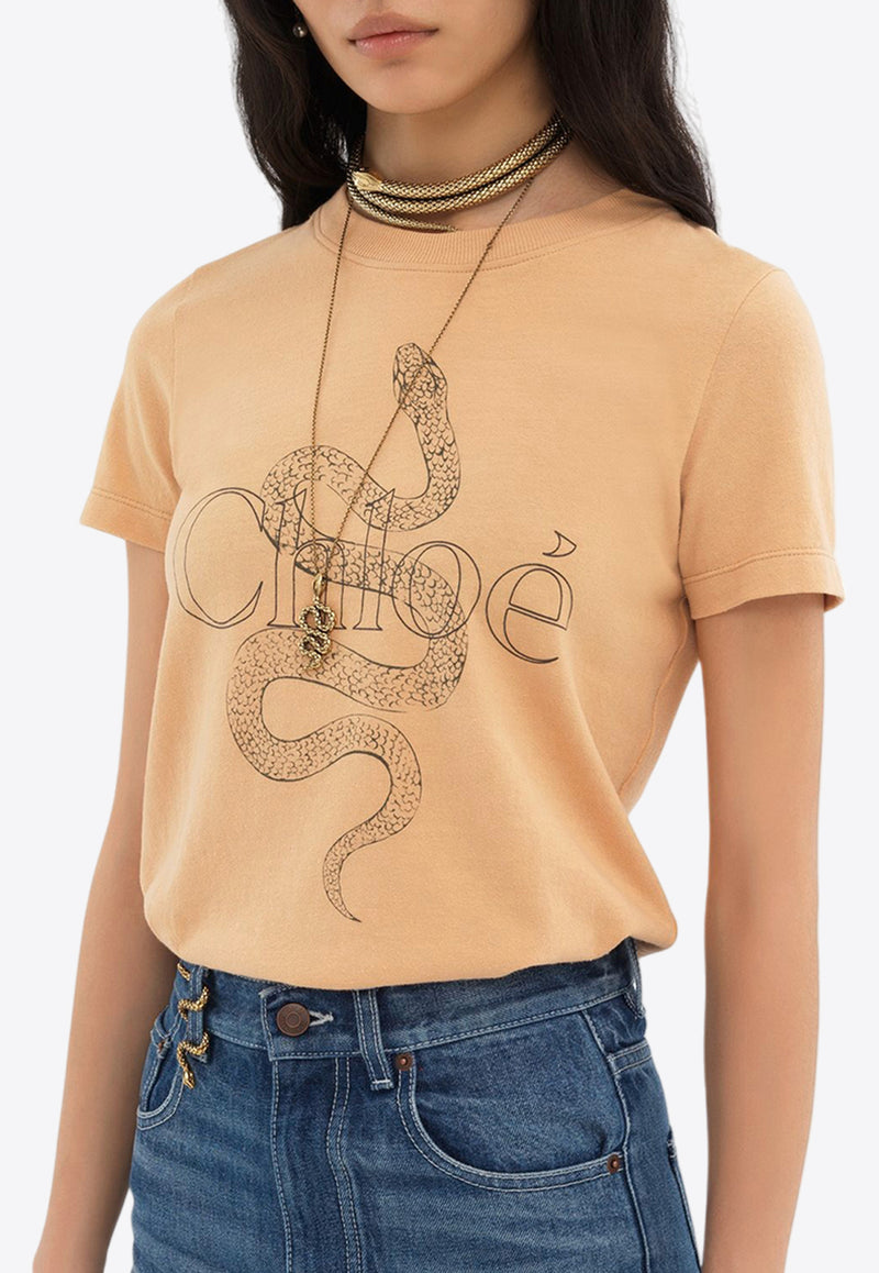 Chloé Snake Print Logo T-shirt Beige CH25SJH08190281 Milky Brown