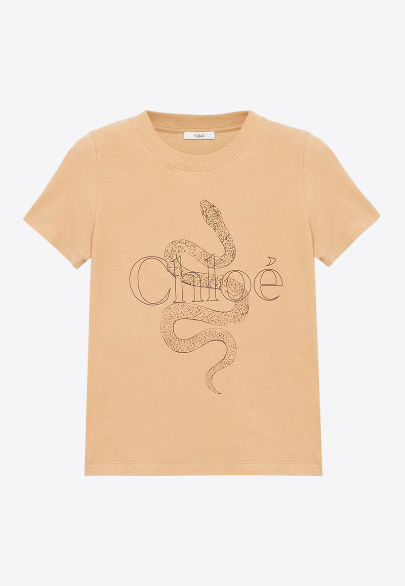 Chloé Snake Print Logo T-shirt Beige CH25SJH08190281 Milky Brown