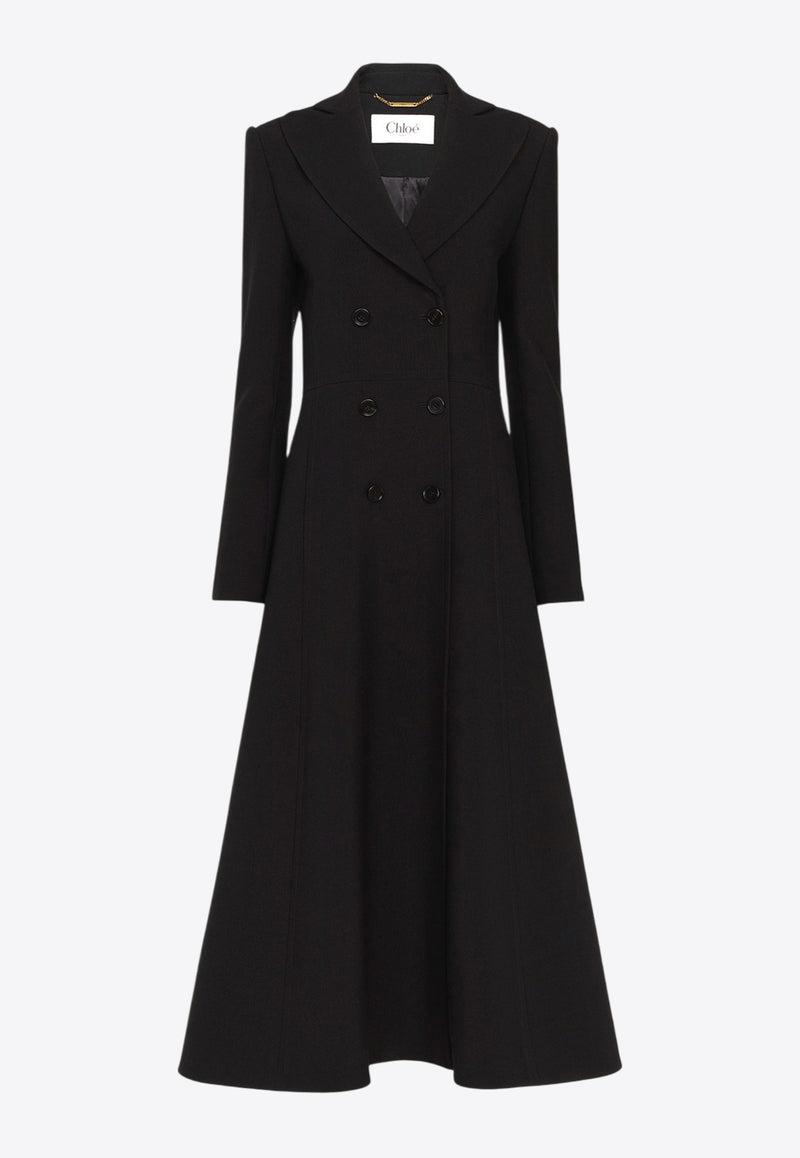 Chloé Double-Breasted Wool Crepe Long Coat Black CH25SMA21302001 Black
