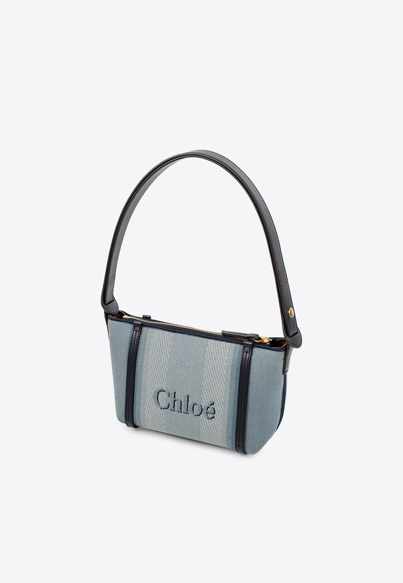 Chloé Logo Embroidered Canvas Shoulder Bag Blue CH25UP566O65485 Moonlight Blue