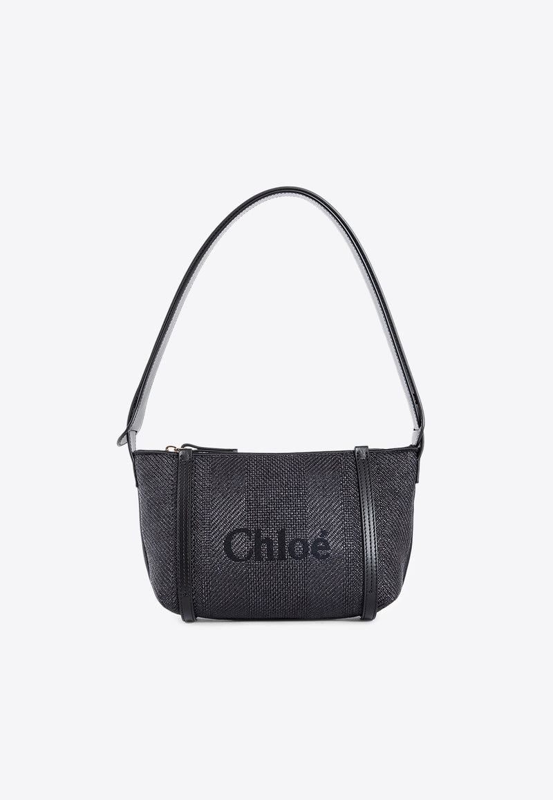 Chloé Logo Embroidered Woven-Raffia Shoulder Bag Black CH25UP566P38001 Black