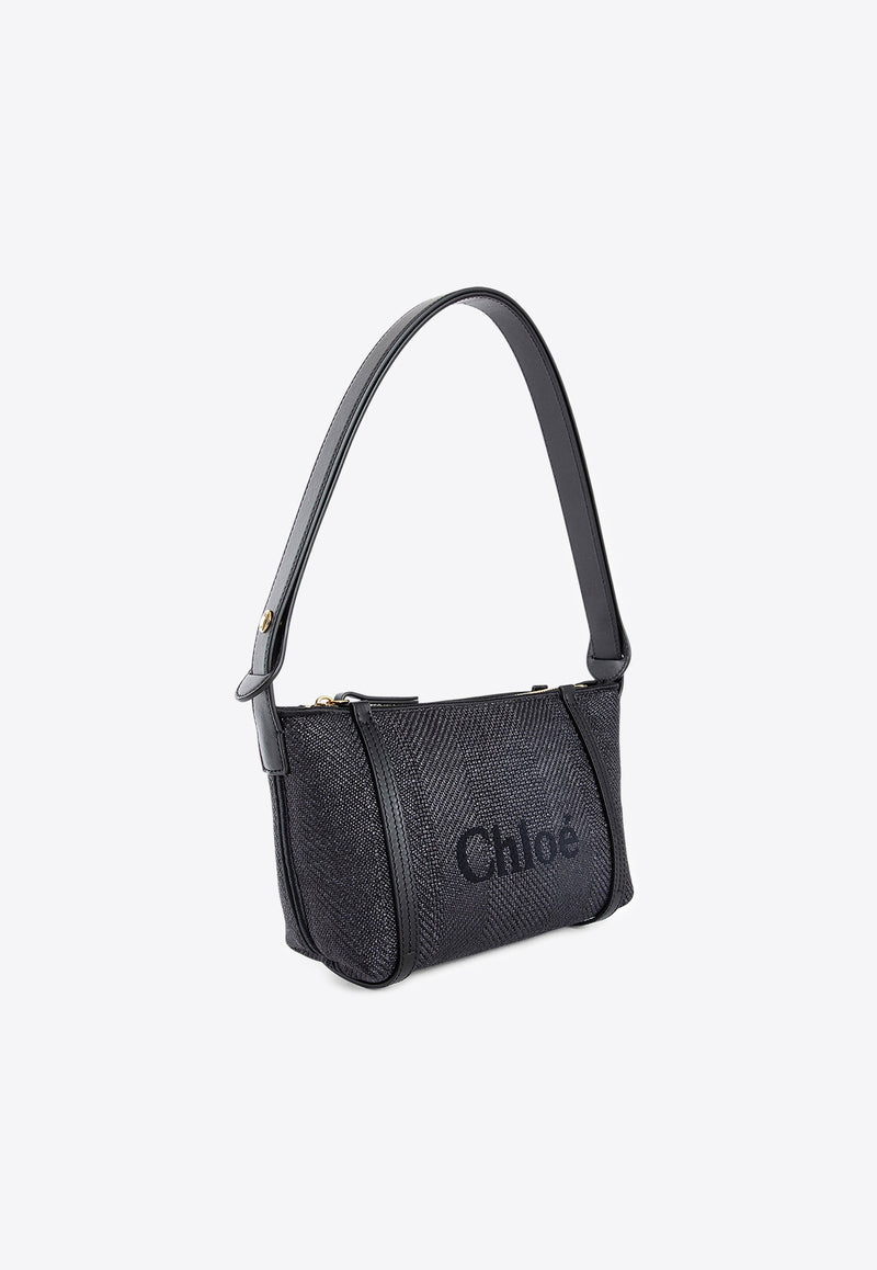 Chloé Logo Embroidered Woven-Raffia Shoulder Bag Black CH25UP566P38001 Black