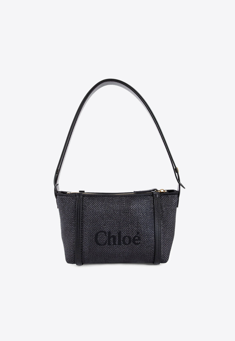 Chloé Logo Embroidered Woven-Raffia Shoulder Bag Black CH25UP566P38001 Black