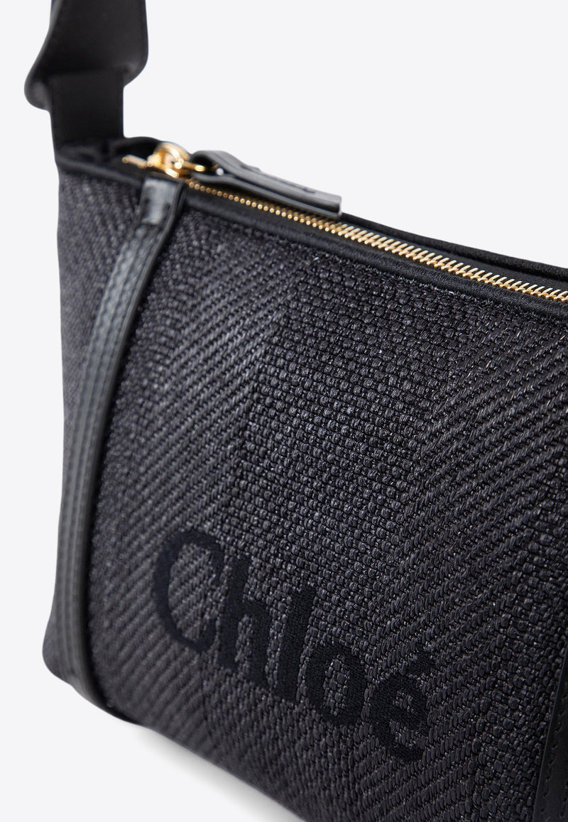 Chloé Logo Embroidered Woven-Raffia Shoulder Bag Black CH25UP566P38001 Black