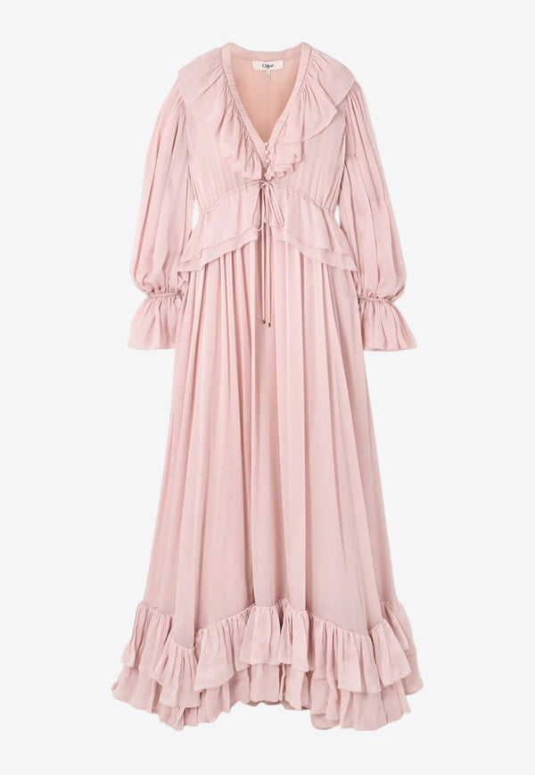 Chloé Ruffled Silk Maxi Dress Pink CH25URO973296H5 Pansy Pink